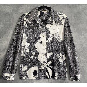 Vtg KAMEHAMEHA Women Button Front Blouse Sz M/L Black White Hawaiian Vaca 9-18